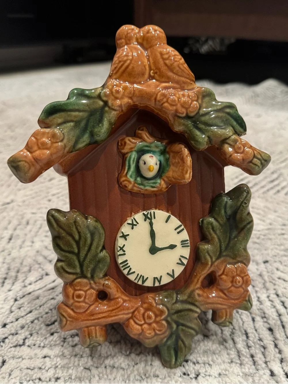 Ceramic Cuckoo Clock Wall Accent in Brown and Green